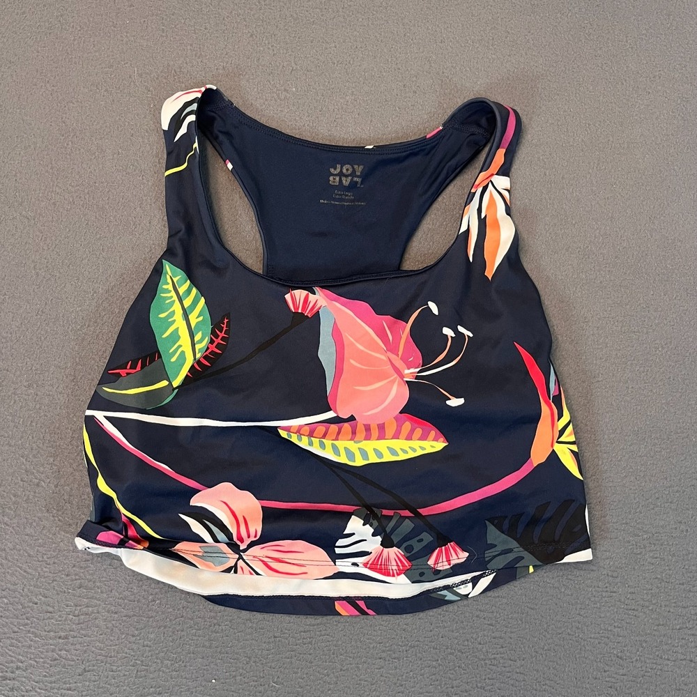 JOY LAB Women's Sz XL Navy Tropical Print‎ Cropped Tank with Built-In Sports Bra